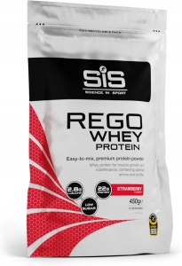 SIS REGO WHEY PROTEIN 450 g WYSOKA ZAWARTOŚĆ BIAŁKA NA SIŁĘ MASĘ TRUSKAWKA